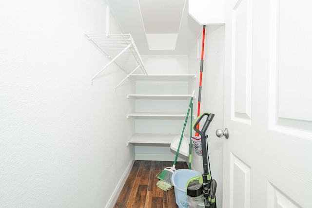 walk in closet with dark hardwood / wood-style flooring