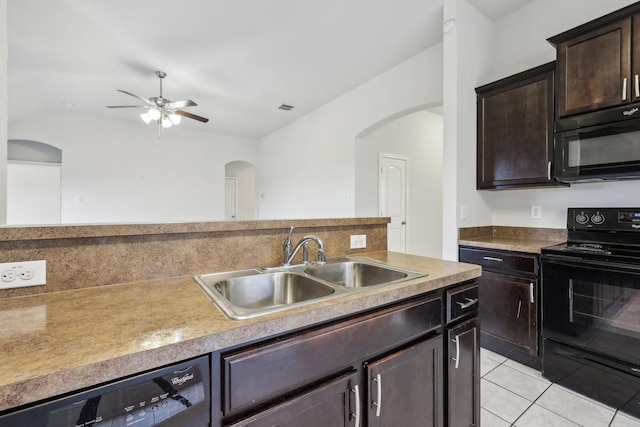 kitchen with ceiling fan, sink, dark brown cabinets, light tile patterned flooring, and black appliances