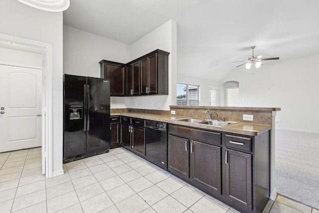 kitchen with ceiling fan, sink, kitchen peninsula, dark brown cabinets, and black appliances