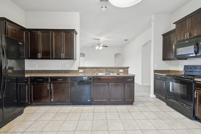 kitchen featuring dark brown cabinets, sink, ceiling fan, and black appliances