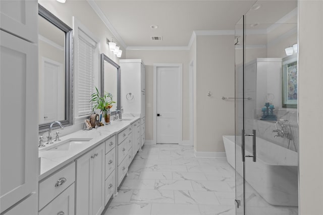 bathroom featuring plus walk in shower, vanity, and ornamental molding