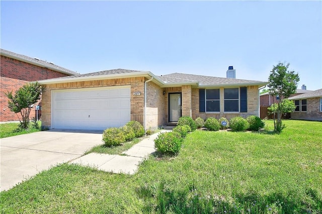 ranch-style house with a front yard and a garage