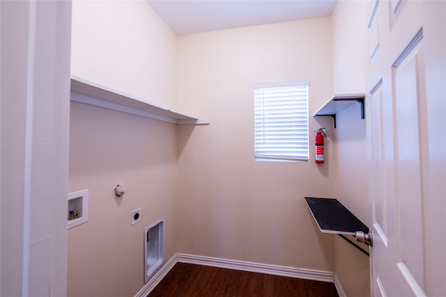 clothes washing area with washer hookup, dark wood-type flooring, hookup for a gas dryer, and electric dryer hookup