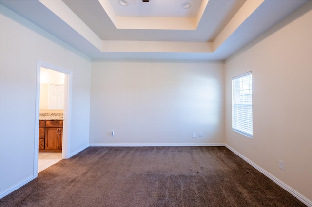 carpeted empty room featuring a tray ceiling