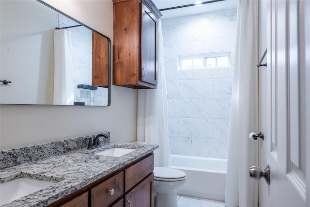 full bathroom with toilet, vanity, and shower / bath combination with curtain