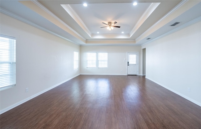 empty room featuring a raised ceiling, a healthy amount of sunlight, and crown molding