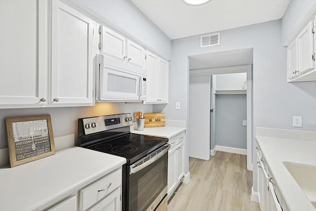 kitchen featuring white cabinets, light hardwood / wood-style flooring, stainless steel electric stove, and sink