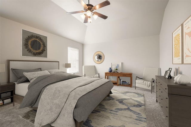 bedroom featuring ceiling fan, light colored carpet, and lofted ceiling