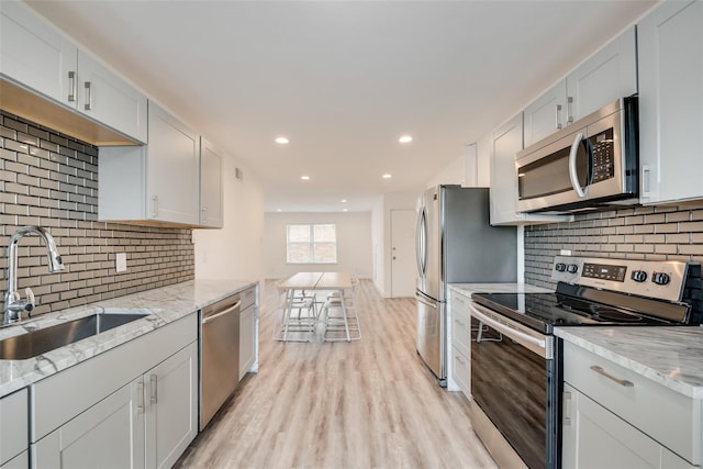 kitchen with decorative backsplash, sink, white cabinets, and stainless steel appliances