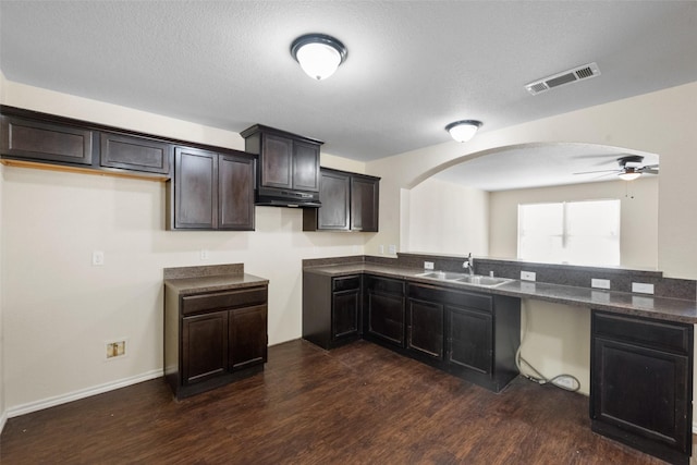 kitchen with dark brown cabinetry, a textured ceiling, ceiling fan, sink, and dark hardwood / wood-style floors