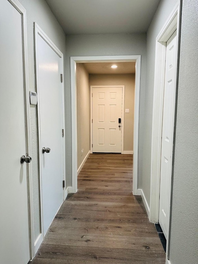 corridor featuring dark wood-type flooring