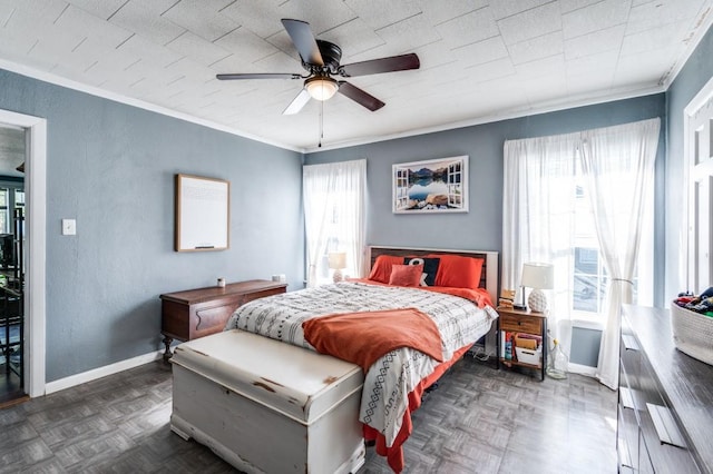 bedroom featuring ceiling fan, dark parquet flooring, and ornamental molding