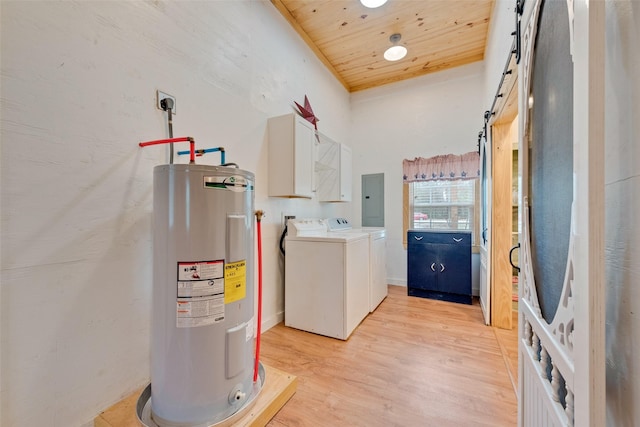 washroom featuring wooden ceiling, water heater, independent washer and dryer, electric panel, and light wood-type flooring