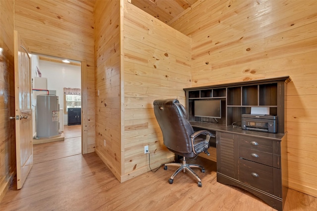 office featuring light hardwood / wood-style floors, wood ceiling, and wood walls