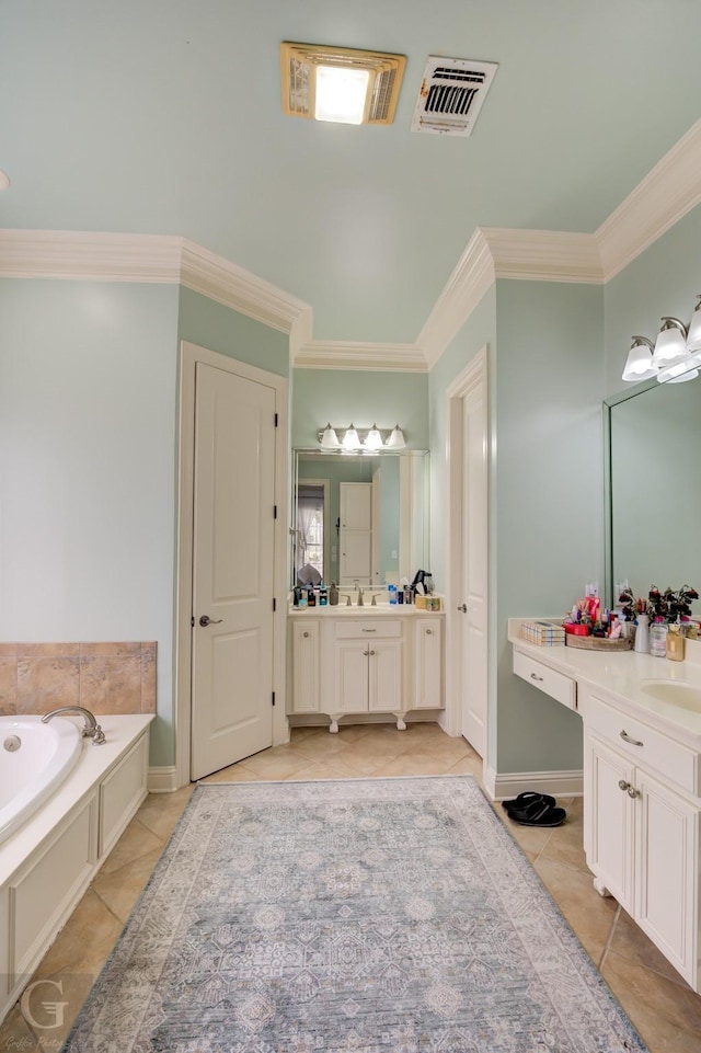 bathroom with tile patterned floors, vanity, ornamental molding, and a washtub