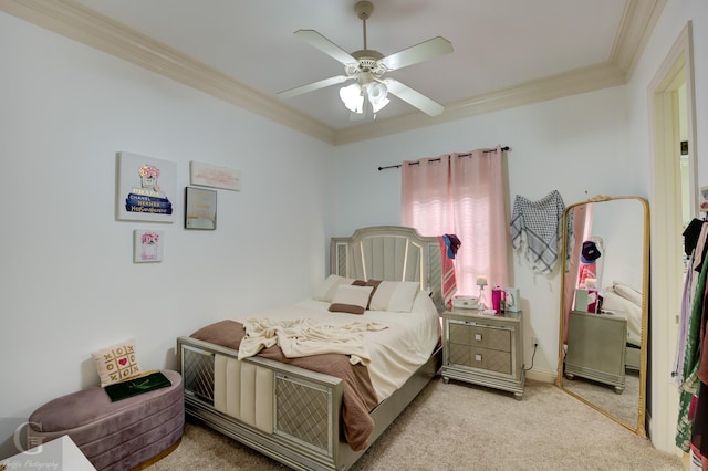 bedroom featuring light colored carpet, ceiling fan, and ornamental molding