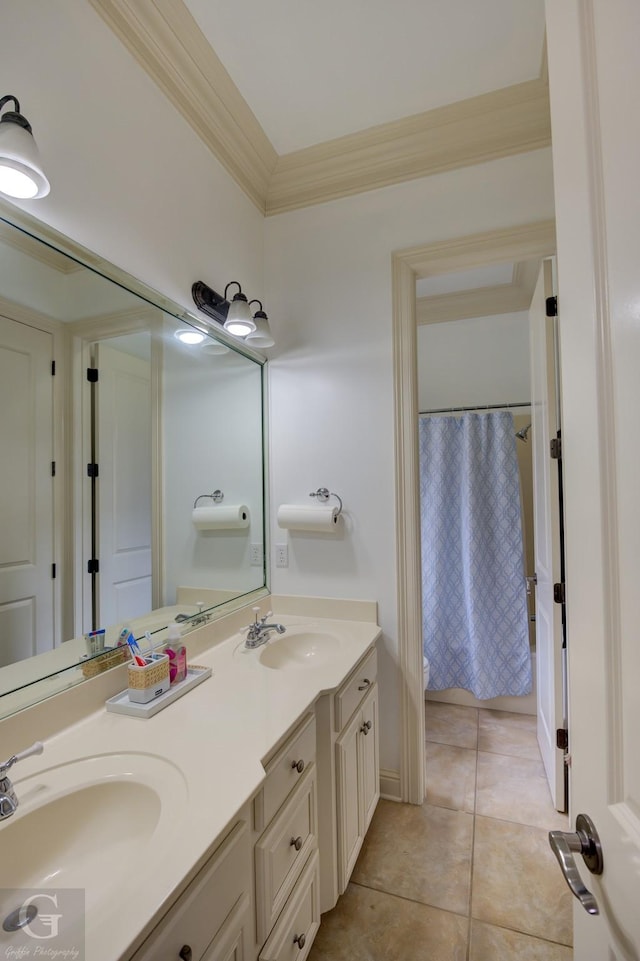 bathroom featuring tile patterned flooring, crown molding, toilet, vanity, and a shower with shower curtain