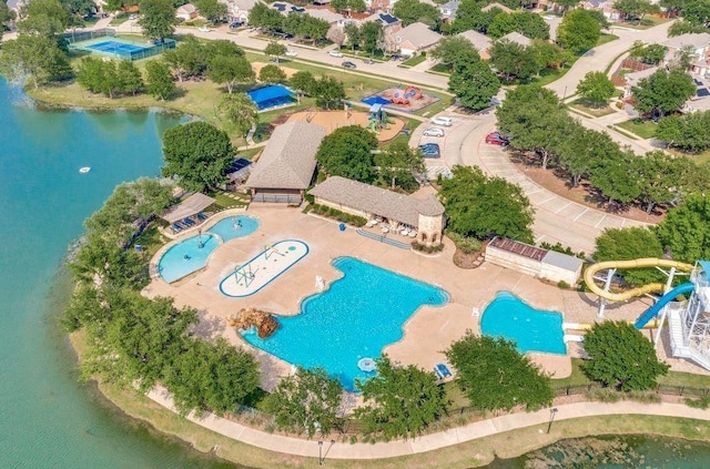 drone / aerial view with a water view