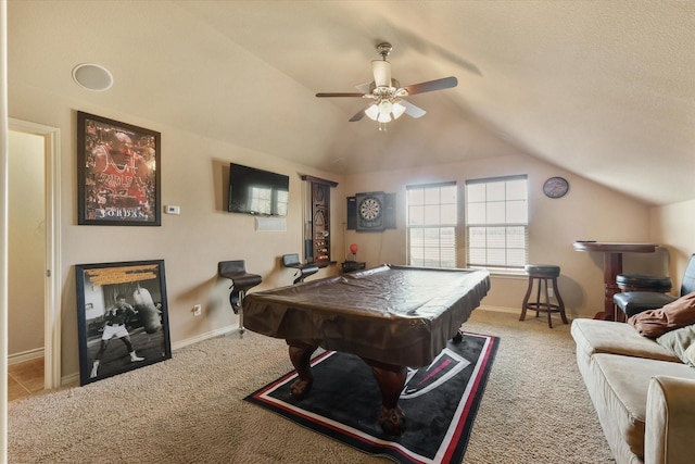 playroom featuring lofted ceiling, pool table, light colored carpet, and ceiling fan