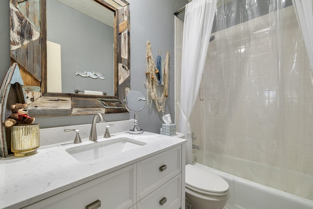 full bathroom featuring vanity, shower / bath combination with curtain, a textured ceiling, and toilet