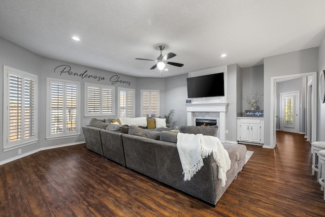 living room featuring dark hardwood / wood-style flooring, a high end fireplace, a healthy amount of sunlight, and a textured ceiling