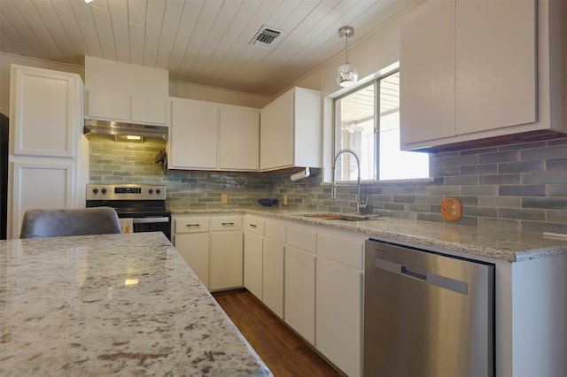 kitchen featuring sink, decorative light fixtures, white cabinets, and appliances with stainless steel finishes