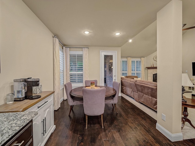 dining room featuring a fireplace, a wealth of natural light, and dark wood-type flooring