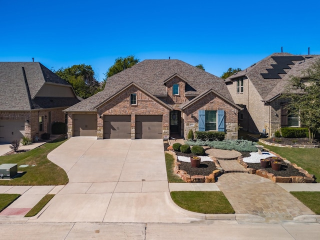 3801 Silent Water St, Mckinney, TX 75071 - french provincial home featuring driveway, brick siding, a garage, and stone siding