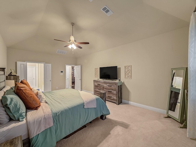 carpeted bedroom featuring lofted ceiling and ceiling fan