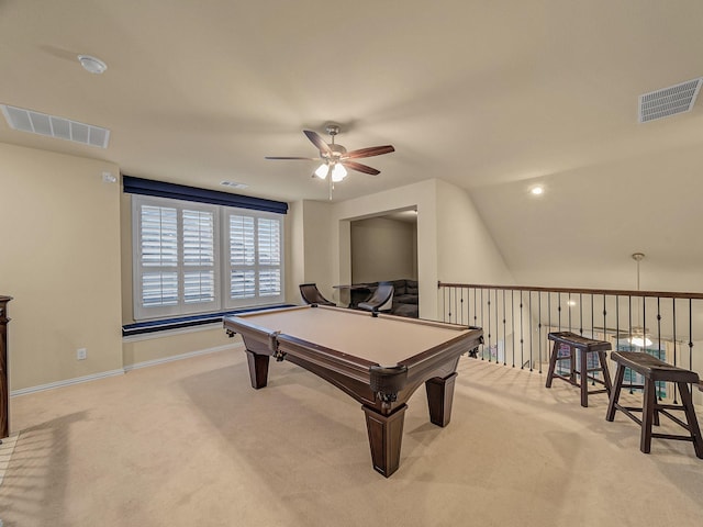 recreation room featuring light carpet, pool table, lofted ceiling, and ceiling fan