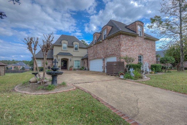 french country home featuring a garage and a front lawn