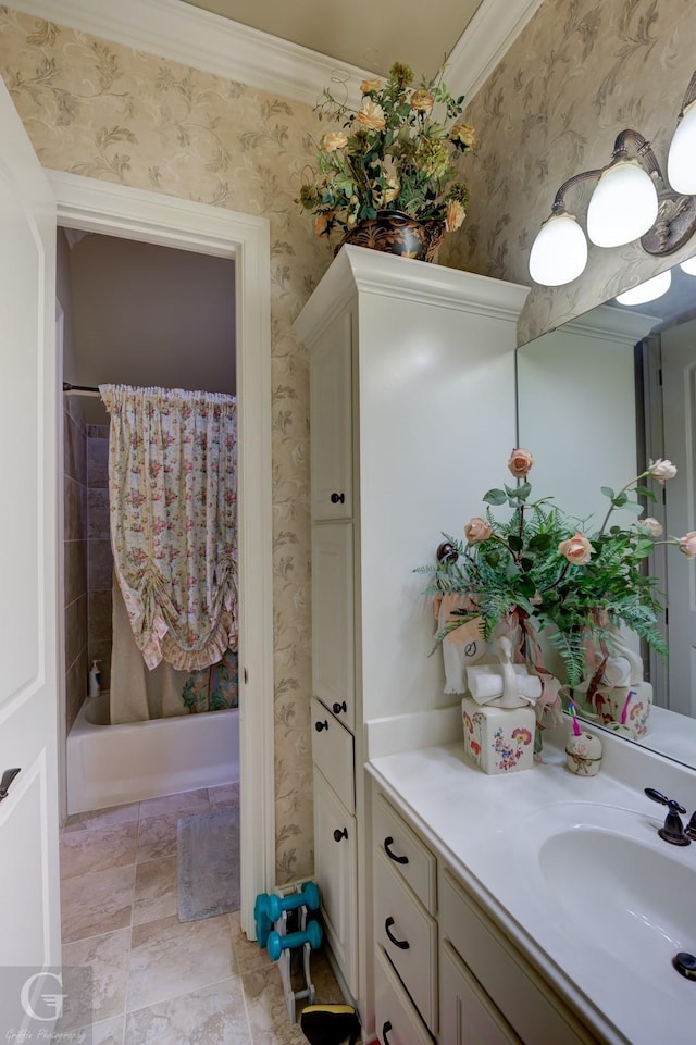 bathroom featuring shower / tub combo, vanity, and crown molding