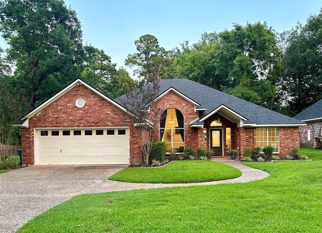 view of front of property with a garage and a front yard