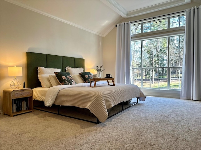 carpeted bedroom with high vaulted ceiling, multiple windows, and crown molding