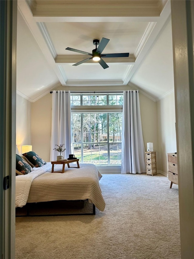 carpeted bedroom featuring vaulted ceiling with beams, ceiling fan, and crown molding