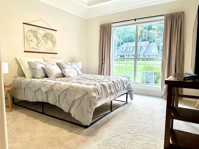 carpeted bedroom with crown molding