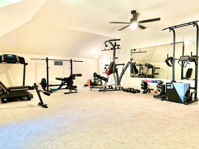 exercise room featuring ceiling fan and lofted ceiling