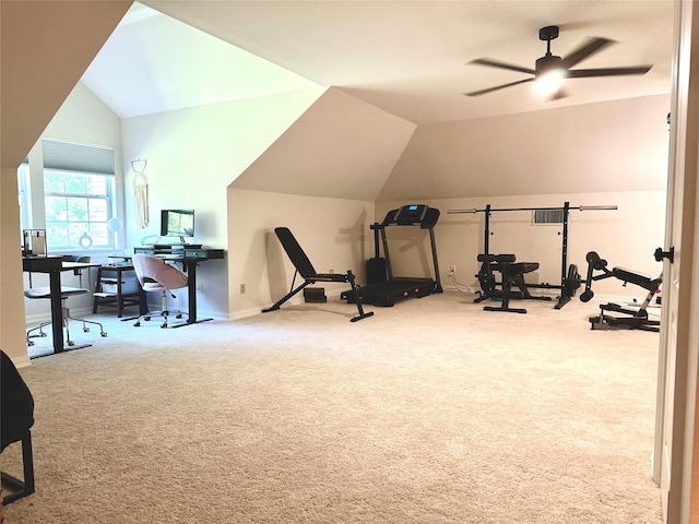 exercise area featuring ceiling fan, carpet floors, and vaulted ceiling