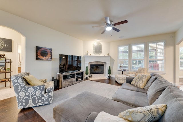 living room with ceiling fan and hardwood / wood-style flooring