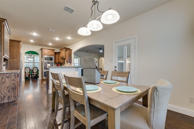 5046 Red Oak Dr, Royse City, TX 75189 - dining area featuring ceiling fan, a healthy amount of sunlight, and dark hardwood / wood-style flooring