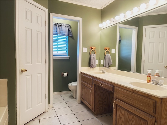 bathroom with tile patterned flooring, vanity, toilet, and crown molding