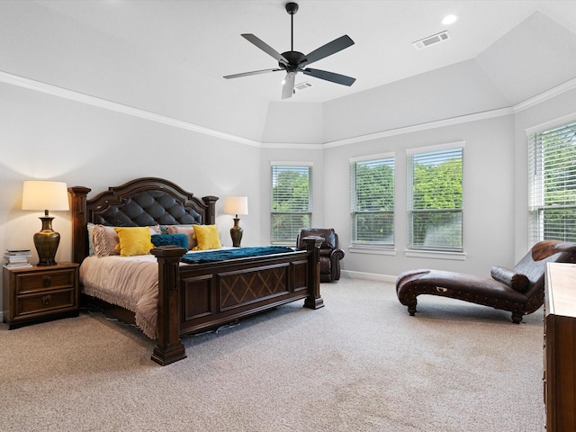 bedroom with crown molding, ceiling fan, and light carpet