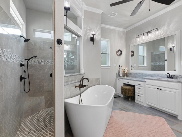 bathroom with plus walk in shower, a wealth of natural light, vanity, and crown molding