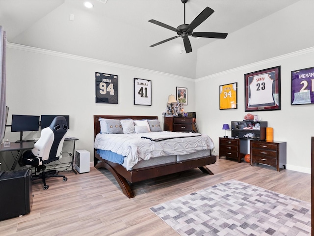 bedroom with vaulted ceiling, ornamental molding, and light hardwood / wood-style flooring