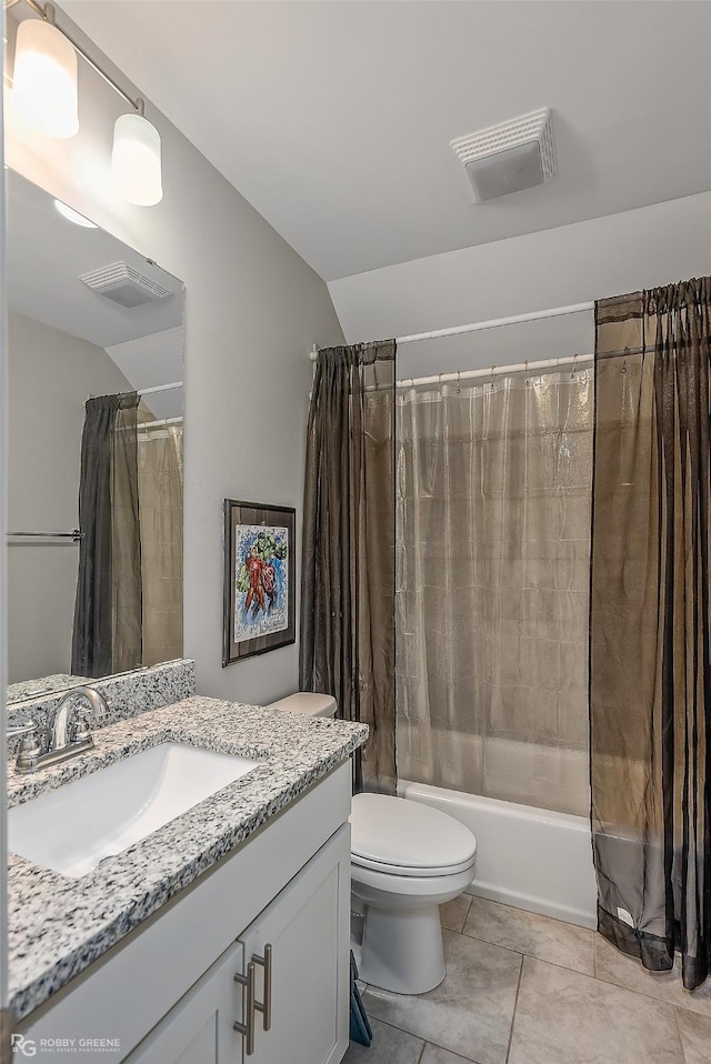 full bathroom featuring shower / tub combo with curtain, tile patterned floors, toilet, lofted ceiling, and vanity