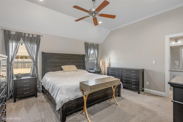 bedroom featuring lofted ceiling, sink, ceiling fan, crown molding, and light carpet