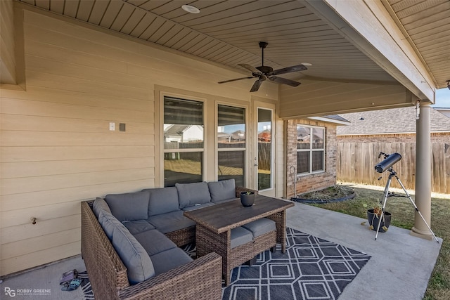 view of patio / terrace with ceiling fan and an outdoor hangout area