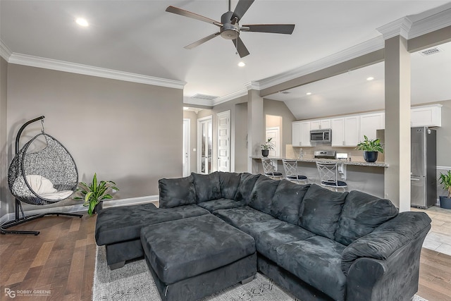 living room featuring crown molding, ceiling fan, lofted ceiling, and light hardwood / wood-style floors