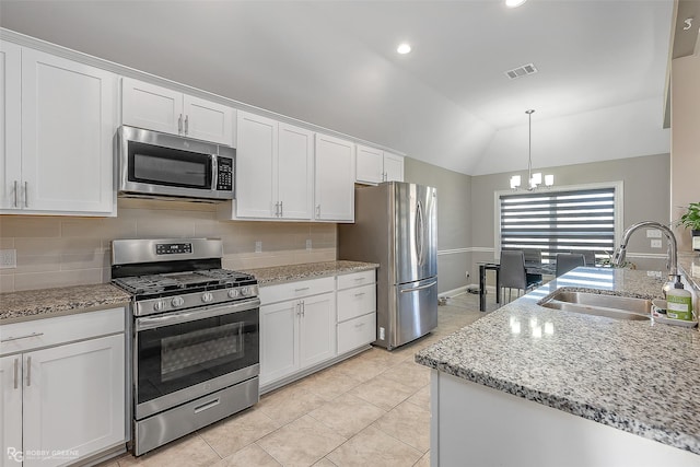 kitchen with white cabinetry, sink, pendant lighting, and appliances with stainless steel finishes