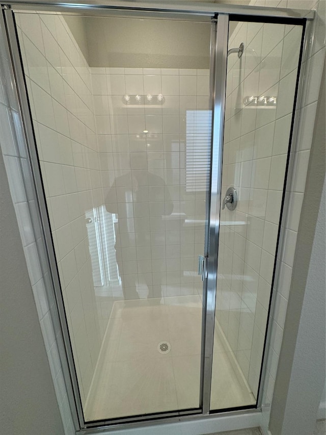 bathroom featuring a shower with door